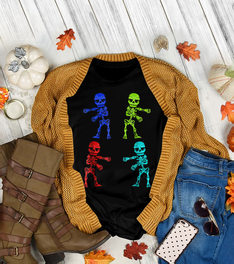 Multicolored Skeletons Flossing Dance Halloween Fun T-Shirt