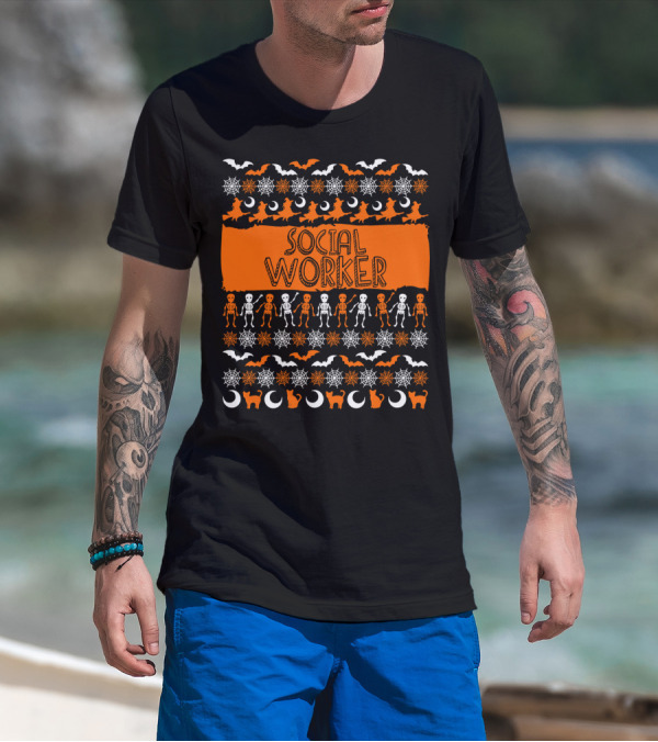 Social Worker Halloween Bats Skeletons Witches And Cats T-Shirt