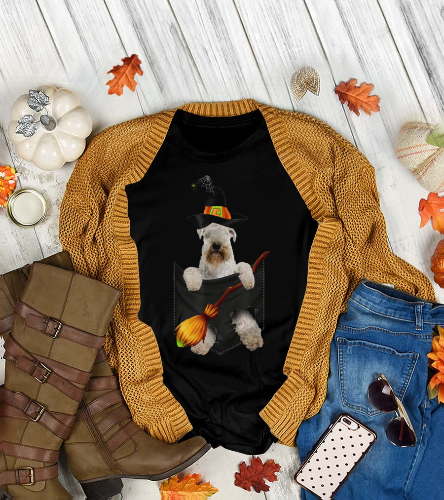 Soft Coated Wheaten Terrier Witch Broom Pocket Halloween Hat T-Shirt