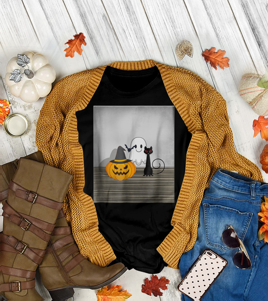 Spooky Halloween Cat Pumpkin Ghost with Witch Hat and Bat T-Shirt