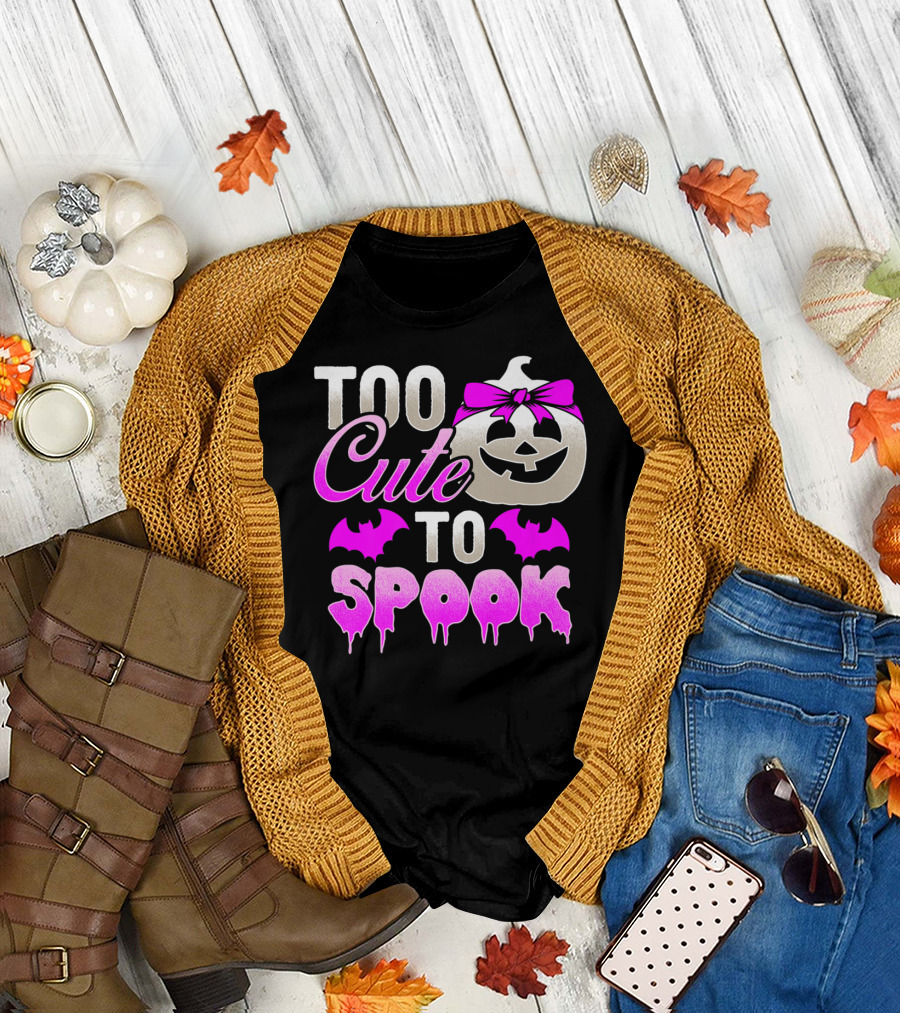 Too Cute To Spook Halloween Ghost Pink Bats and Pumpkin T-Shirt