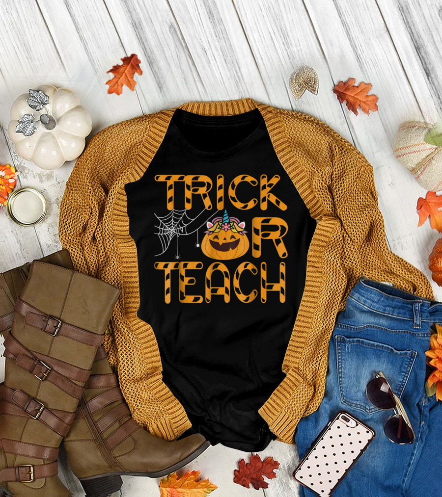 Trick Or Teach Pumpkin Unicorn with Spider Web Halloween T-Shirt