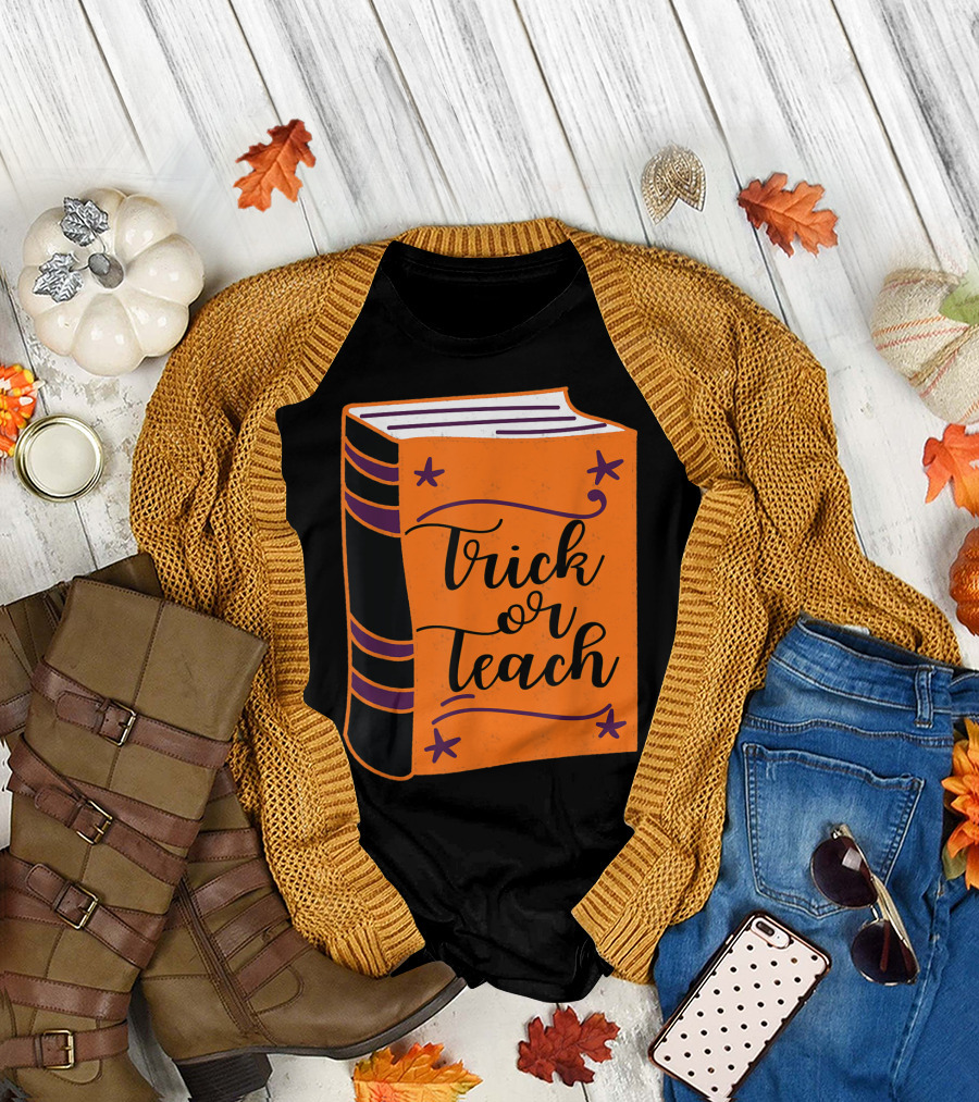 Trick Or Teach Teacher Halloween Book Orange and Black T-Shirt
