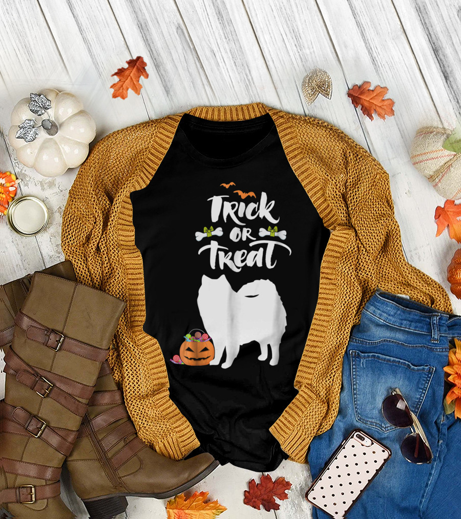 Trick Or Treat Halloween Dog with American Eskimo Silhouette and Pumpkin T-Shirt