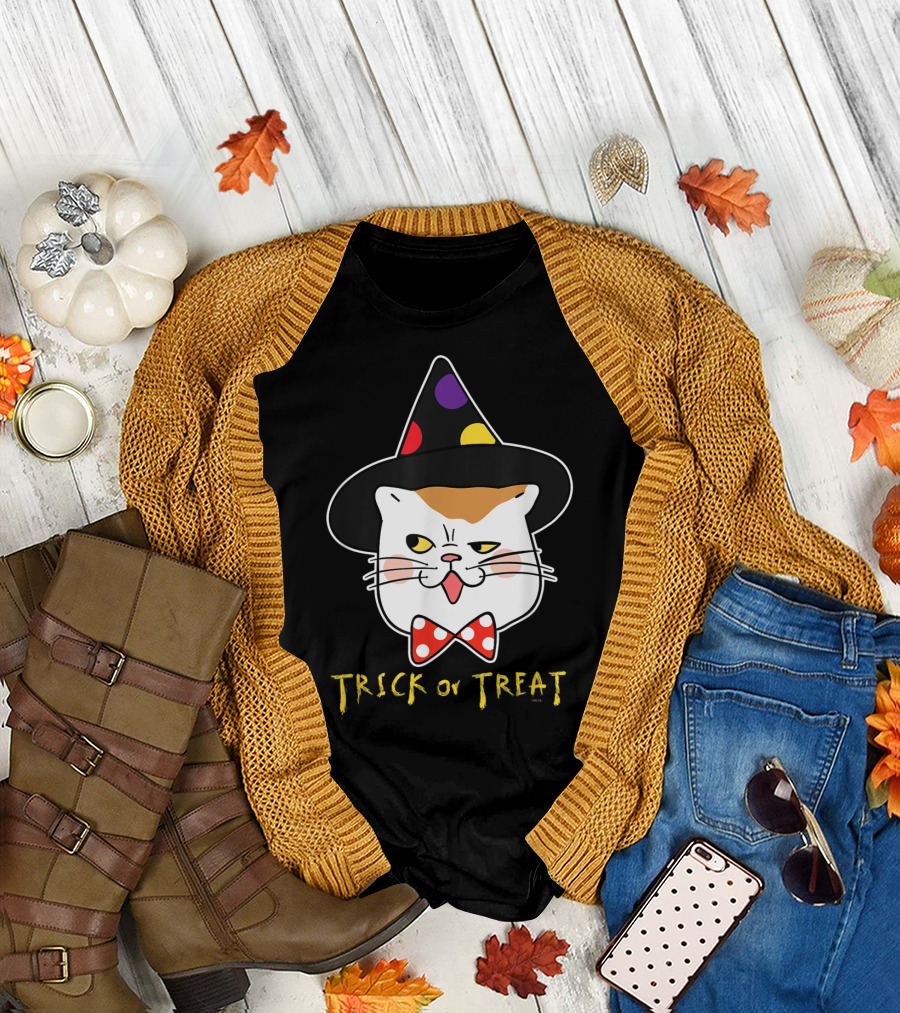 Trick Or Treat Cat Face Witch Hat Polka Dot Bow Tie Halloween T-Shirt