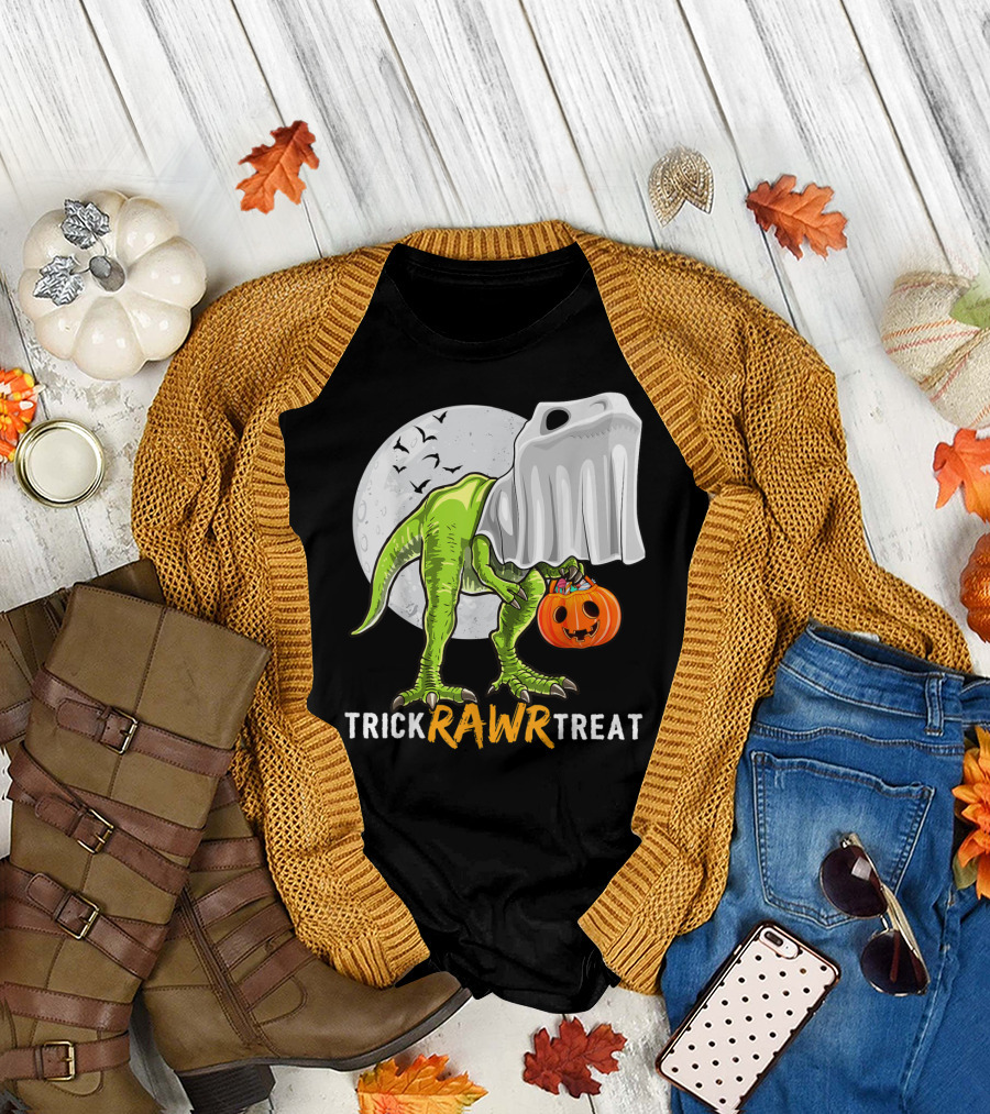 Trick Rawr Treat Halloween Rex Dinosaur Ghost Moon Pumpkin T-Shirt