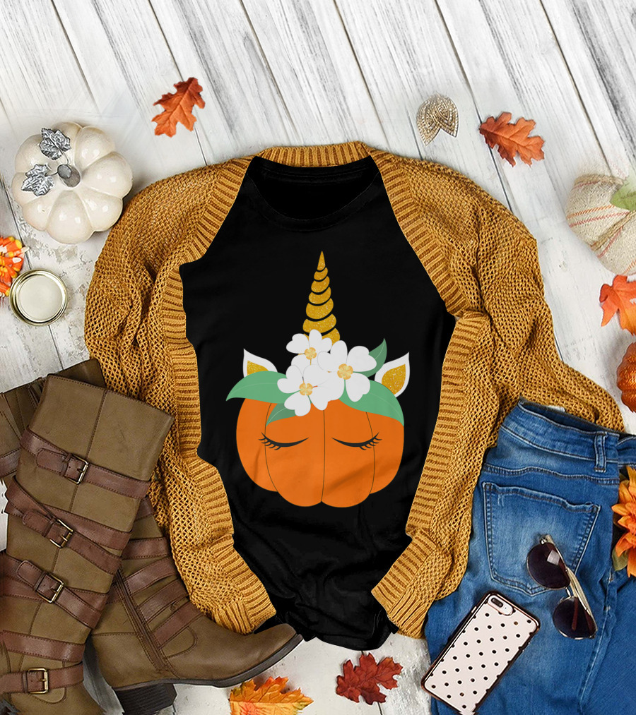 Unicorn Pumpkin Halloween with Flowers T-Shirt