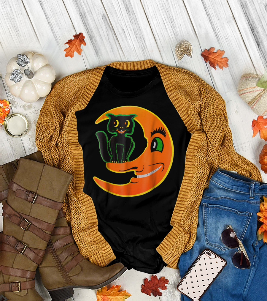 Vintage Halloween Beistle Cat on the Grinning Orange Moon T-Shirt