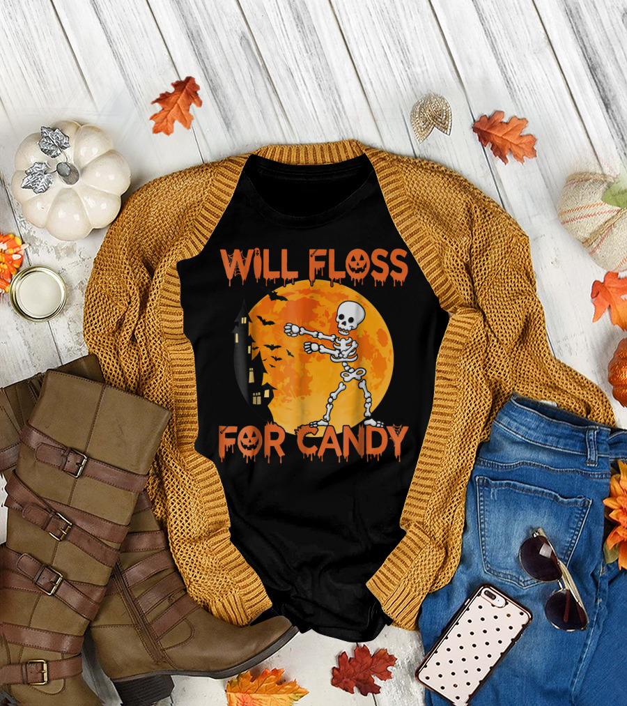 Will Floss For Candy Skeleton Halloween Moon Haunted House T-Shirt
