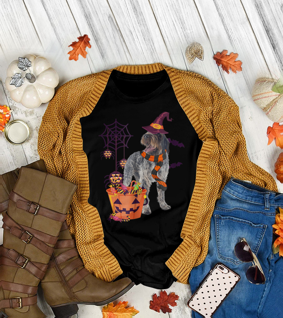 Wirehaired Pointing Griffon Dog Halloween Witch Hat Candy Bucket Spider Web Bats T-Shirt