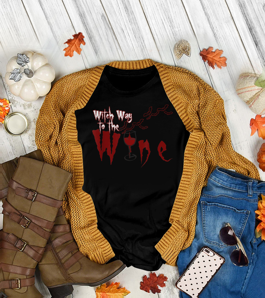 Witch Way to the Wine with Halloween Bats and Glass T-Shirt