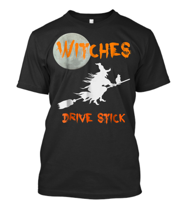 Witches Drive Stick Funny Halloween Moon Witch Cat T-Shirt