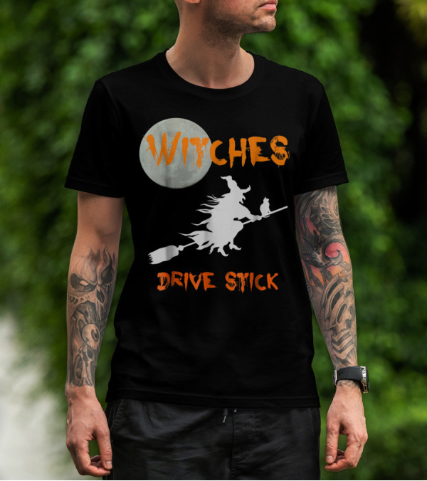 Witches Drive Stick Funny Halloween Moon Witch Cat T-Shirt