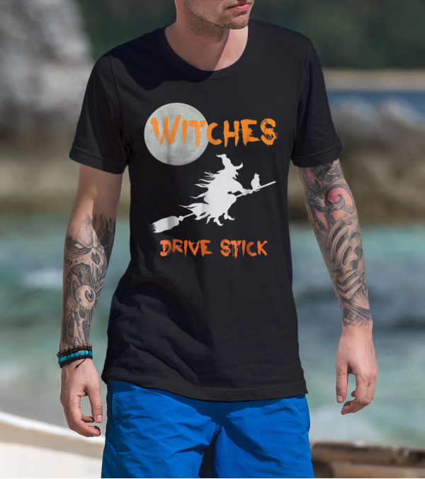 Witches Drive Stick Funny Halloween Moon Witch Cat T-Shirt