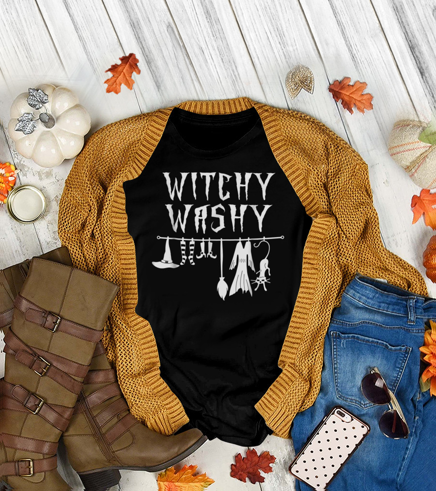 Witchy Washy Halloween Witches Hat Socks Broom Dress Bat T-Shirt