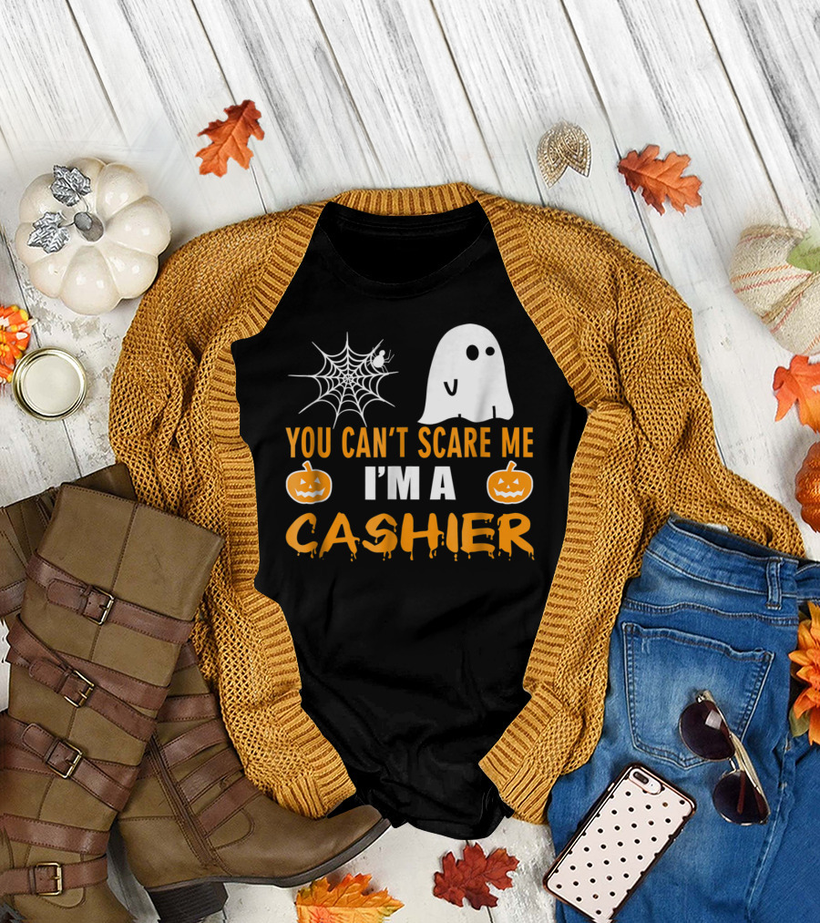 You Can't Scare Me I'm A Cashier Ghost Spiderweb Pumpkins T-Shirt