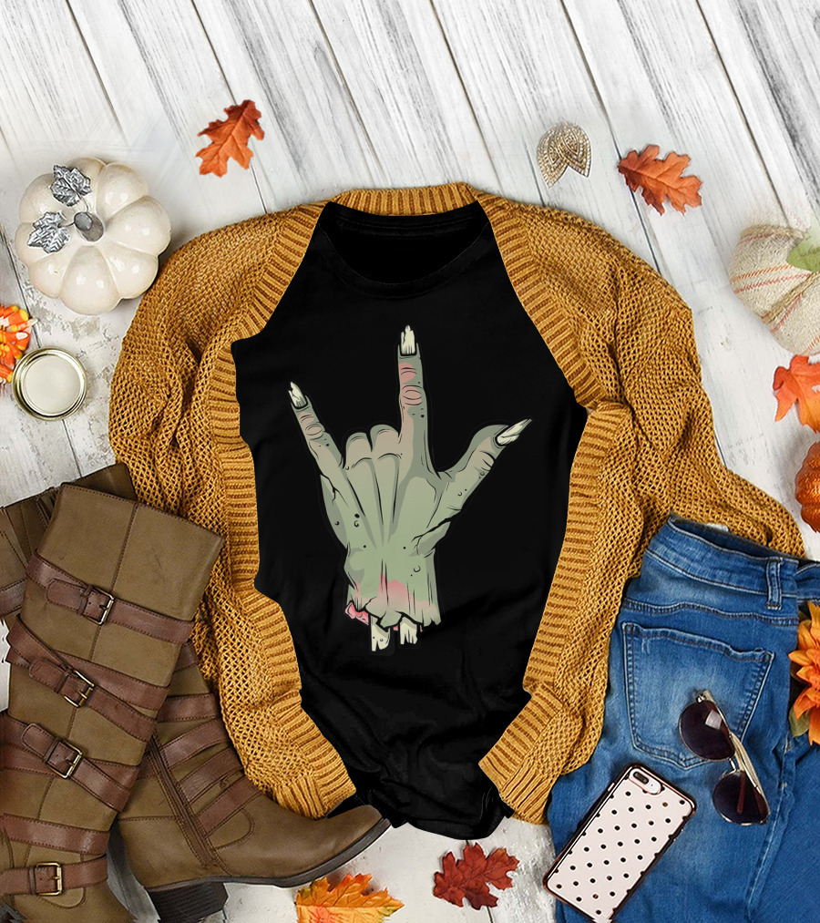 Zombie Devil Horns Undead Severed Hand Metal Gesture T-Shirt