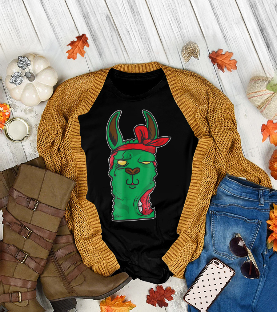 Zombie Llama with Red Bandana and Glowing Eyes T-Shirt