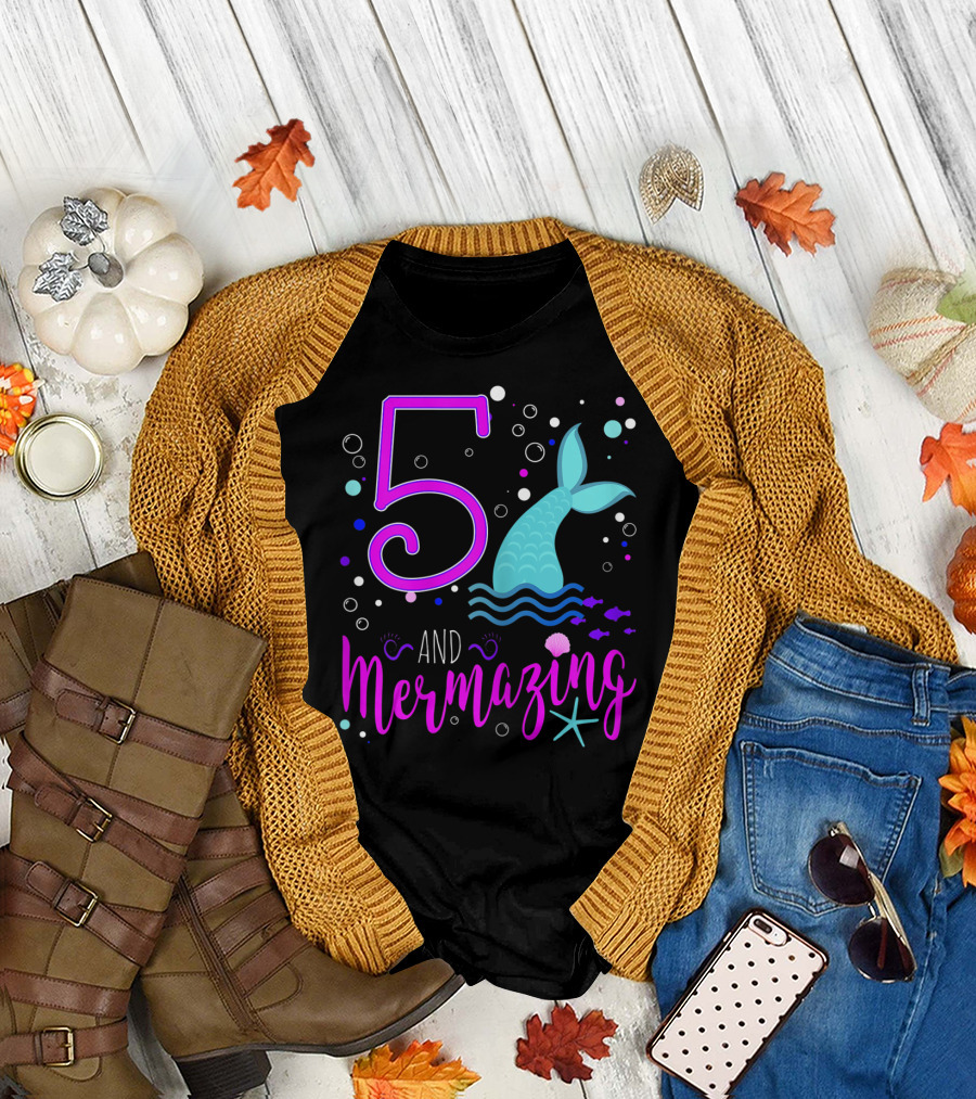 5 And Mermazing Happy Birthday Mermaid Tail Bubbles Starfish T-Shirt
