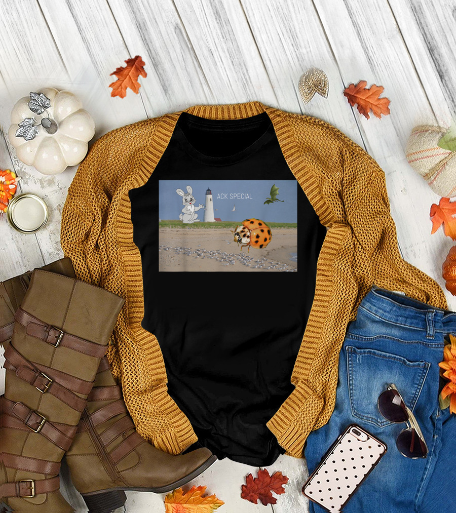 Ack Special Rabbit, Lighthouse, Ladybug, and Dragon Fantasy Beach Scene T-Shirt