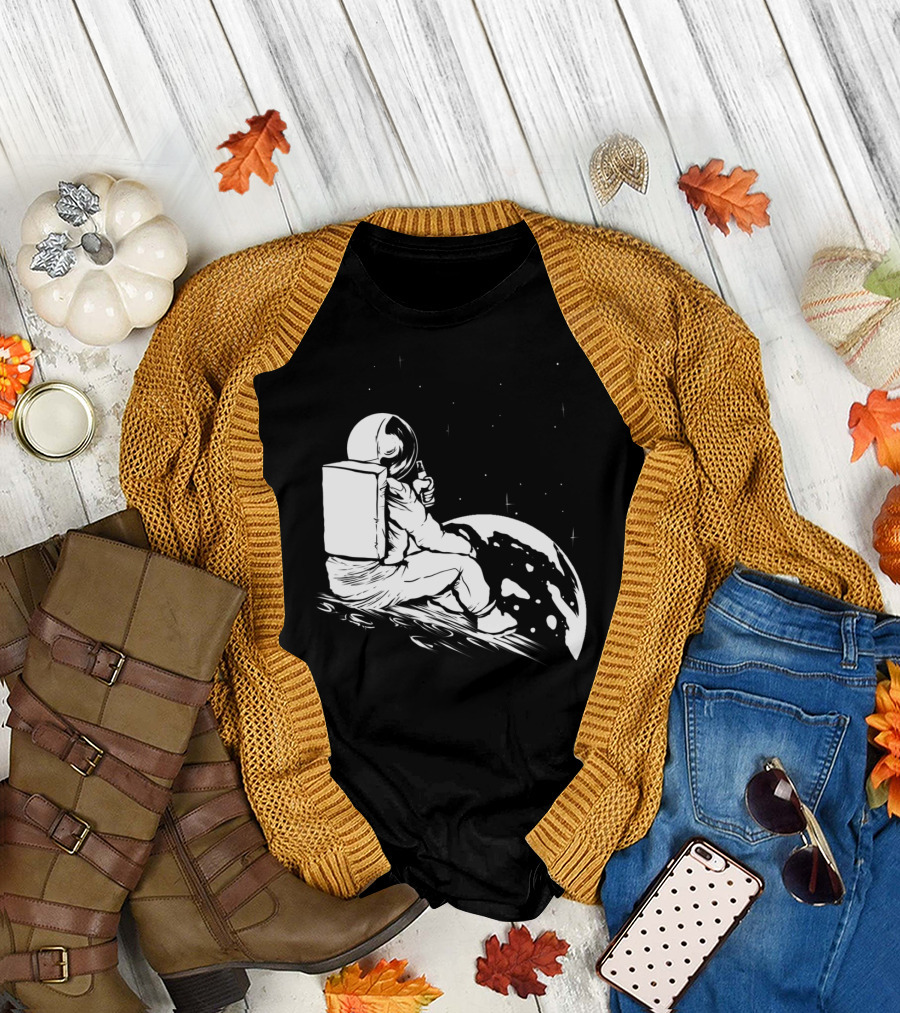 Astronaut Spaceman Drinking Beer on Cosmic Moon T-Shirt