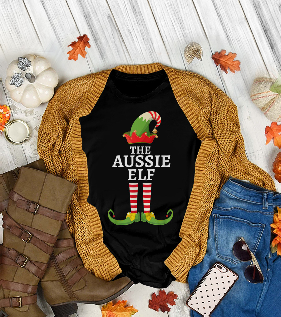 The Aussie Elf Matching Family Christmas Party Hat and Striped T-Shirt