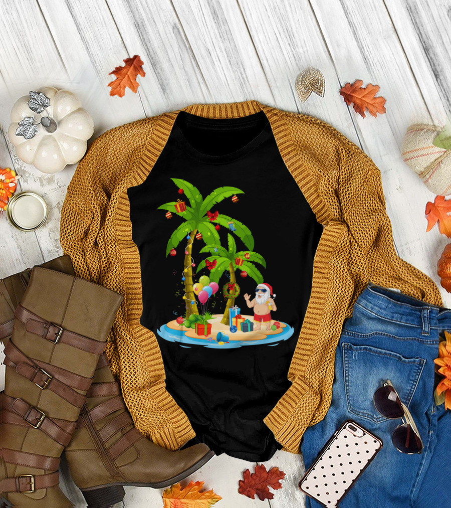 Christmas Santa Celebrating on Tropical Palm Island T-Shirt