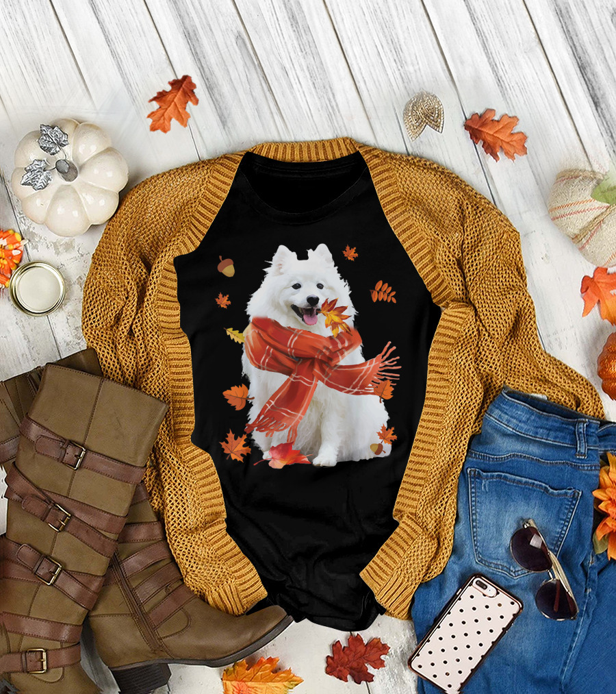 Cute Samoyed Dog with Autumn Leaves and Cozy Scarf T-Shirt