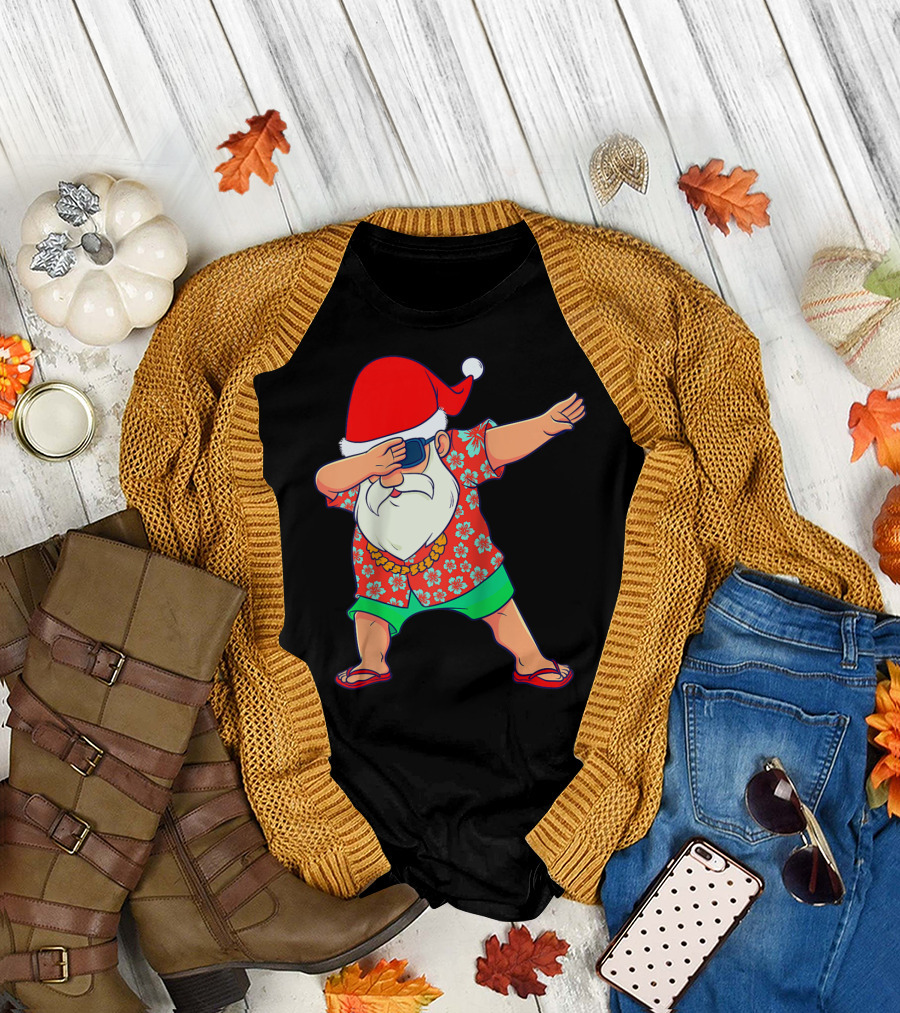 Dabbing Santa in Hawaiian Shirt and Flip Flops Christmas in July Summer T-Shirt