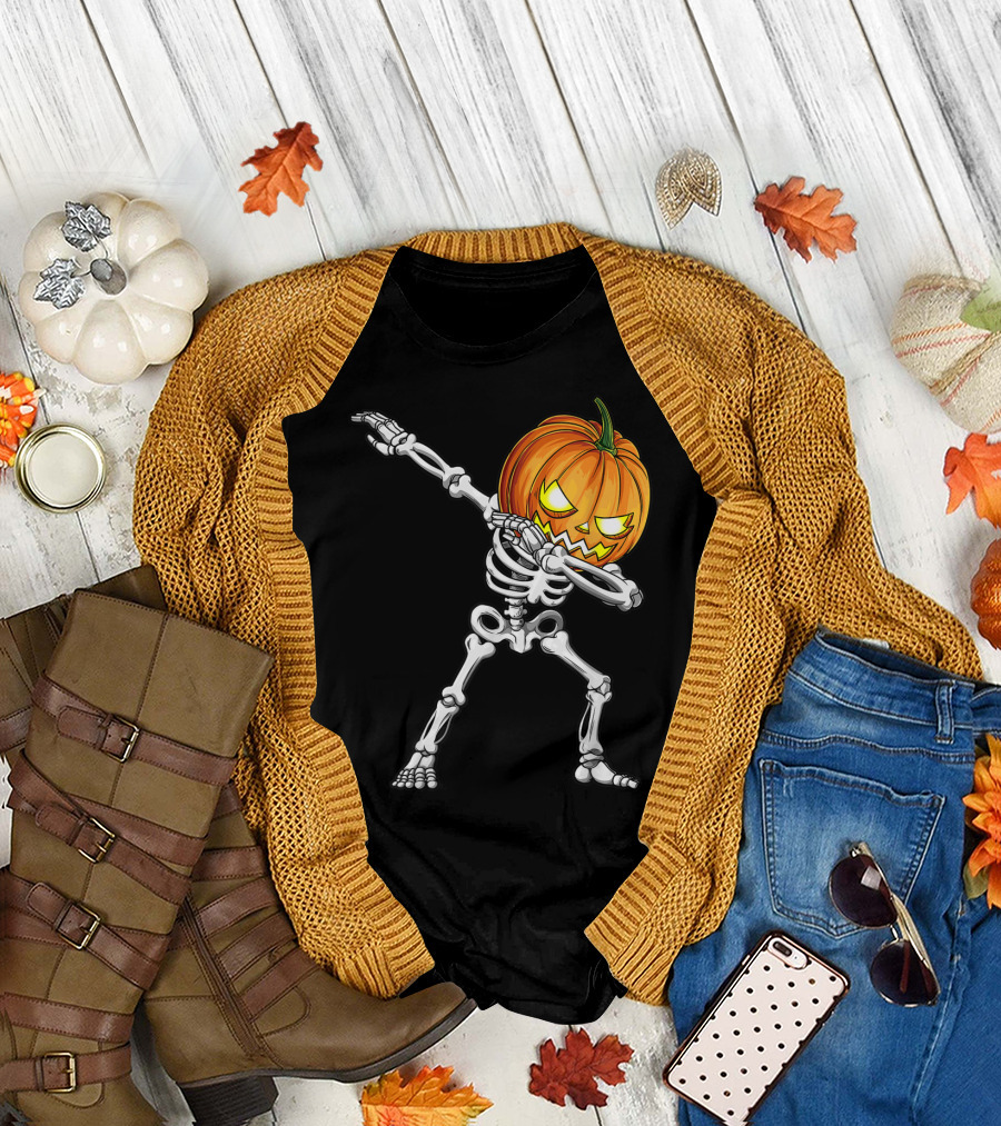 Dabbing Skeleton Pumpkin Men Halloween Dab T-Shirt