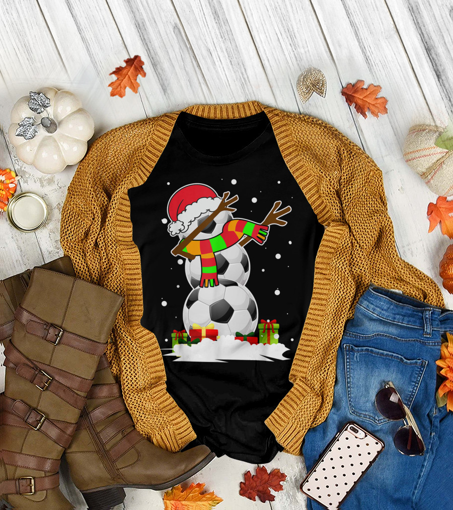 Dabbing Snowman Soccer Ball Christmas Santa Hat Funny Dab T-Shirt