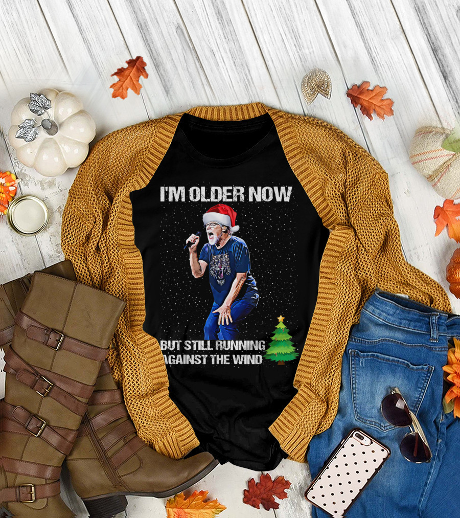 I'm Older Now But Still Running Against the Wind Christmas Wolf Santa T-Shirt