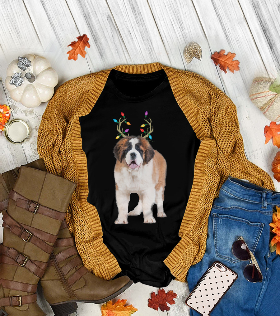 Saint Bernard Reindeer Christmas Lights Dog T-Shirt