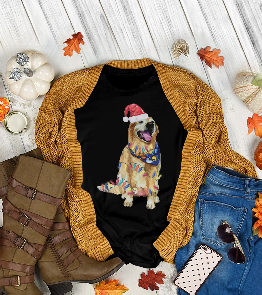 Santa Hat Dog Wrapped in Christmas Lights T-Shirt