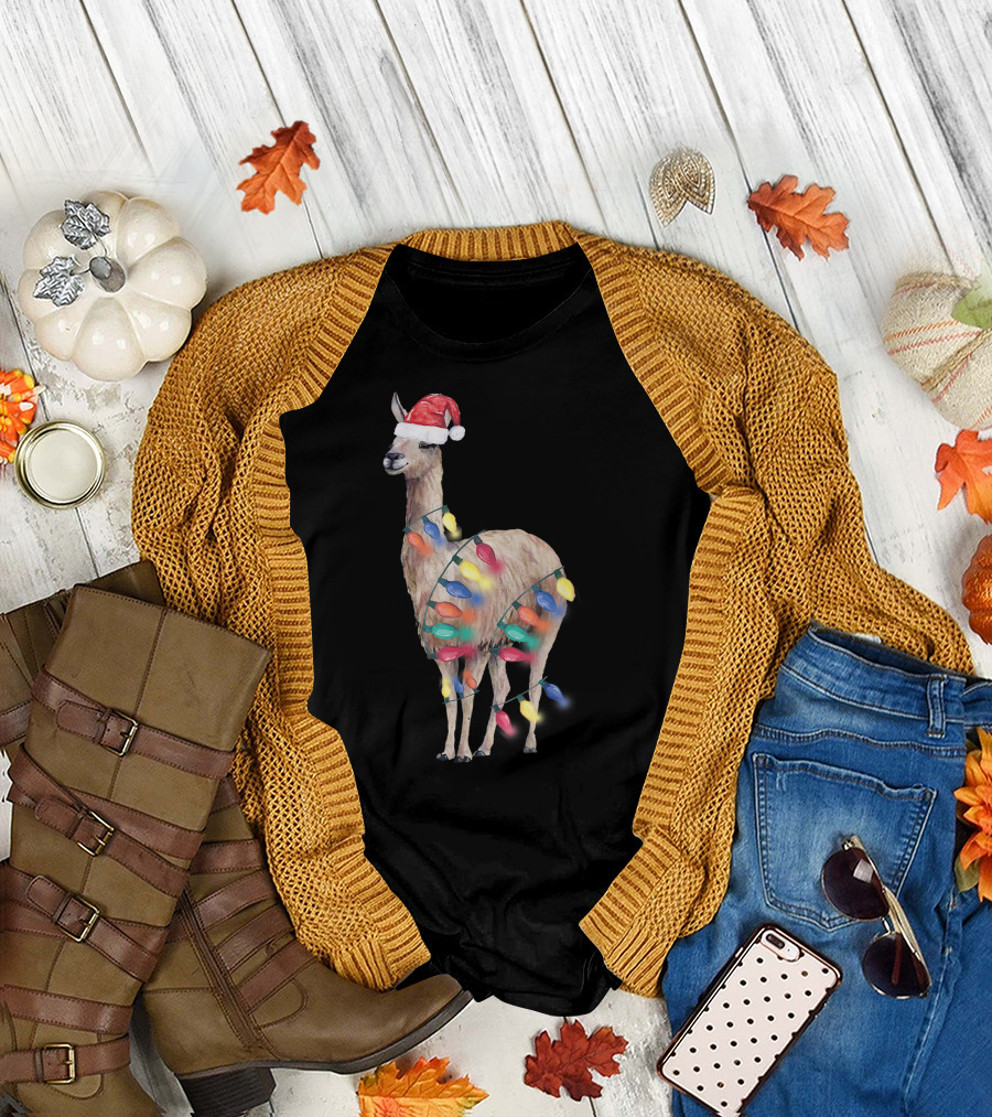 Santa Llama in Christmas Lights Llama Lover Holiday Cheer T-Shirt