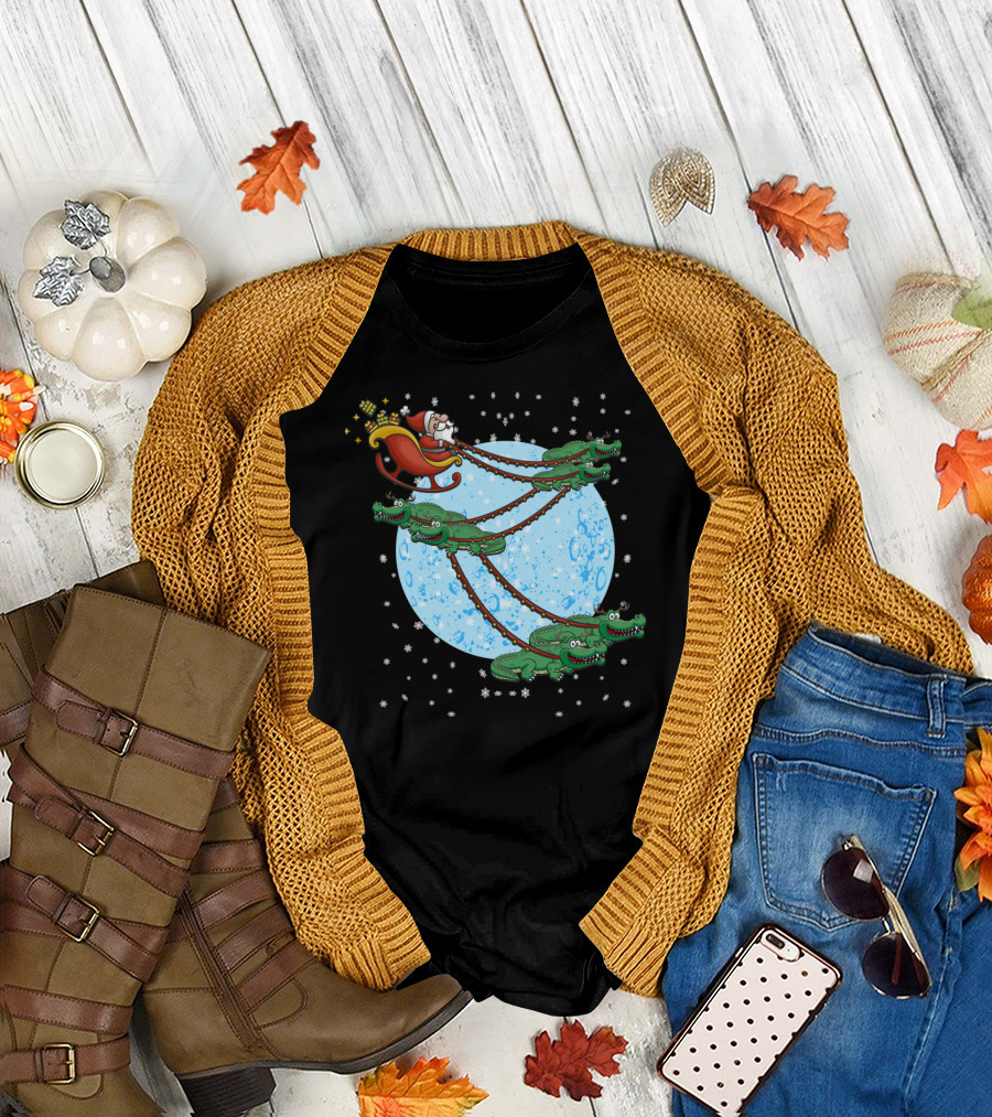 Santa Claus on Alligator-Drawn Sleigh Across Moonlit Sky T-Shirt