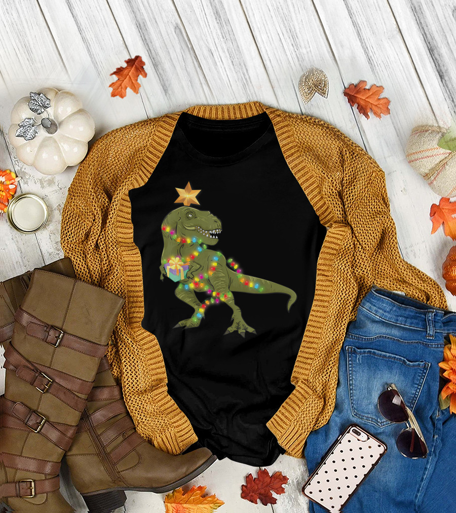 Ugly Christmas With T-Rex Wrapped in Colorful Lights Holding Gift T-Shirt