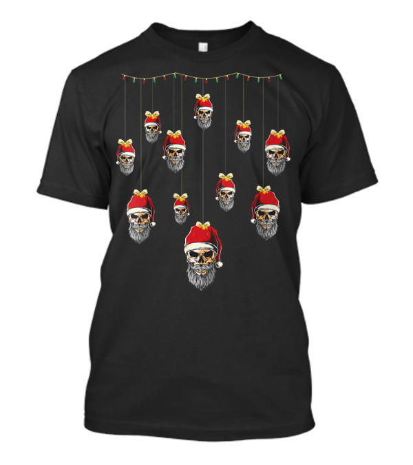 Ugly Christmas Bearded Skull With Santa Hat Hanging Ornaments T-Shirt