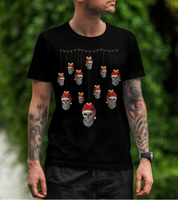 Ugly Christmas Bearded Skull With Santa Hat Hanging Ornaments T-Shirt