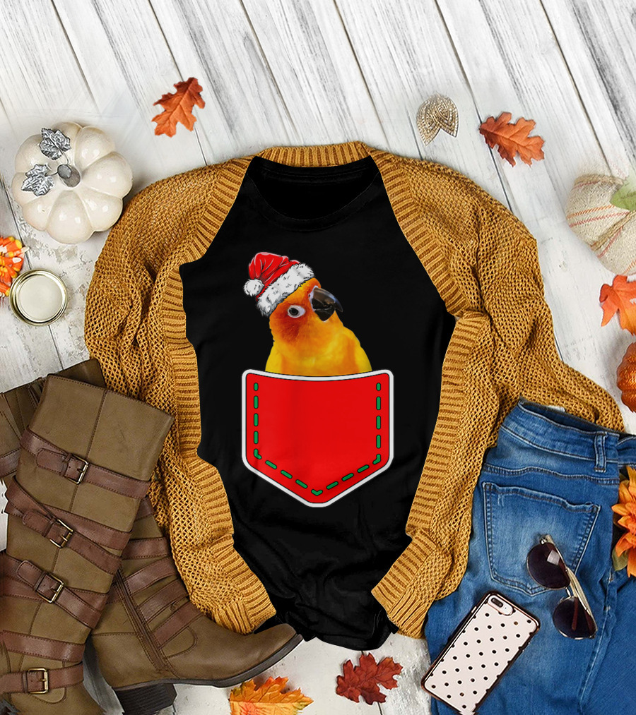 Christmas Sun Conure Santa Hat Pocket Parrot T-Shirt