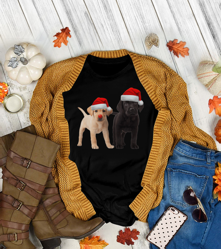 Cute Black Yellow Lab Puppies Santa Hat Dog Christmas T-Shirt