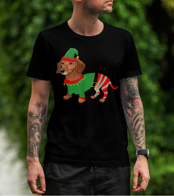 Dachshund In Elf Costume With Festive Red And Green Attire T-Shirt