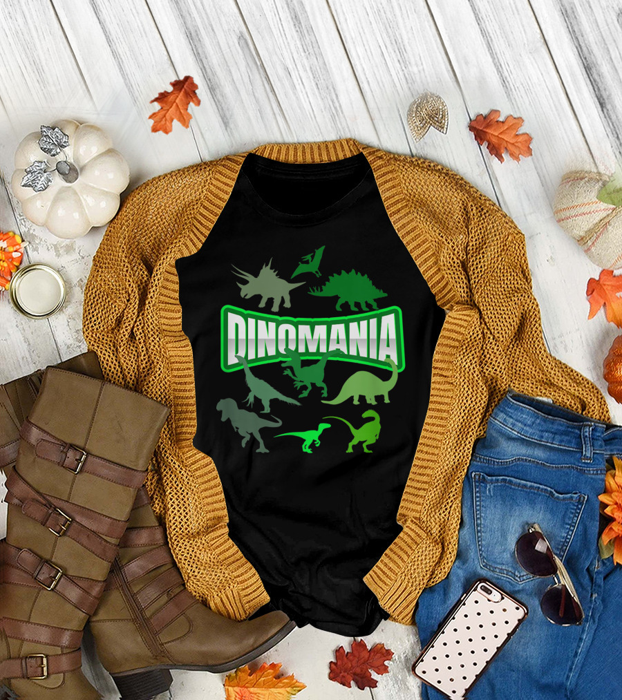 Dinomania Green Silhouettes of Cute Cool Dinosaurs T-Shirt