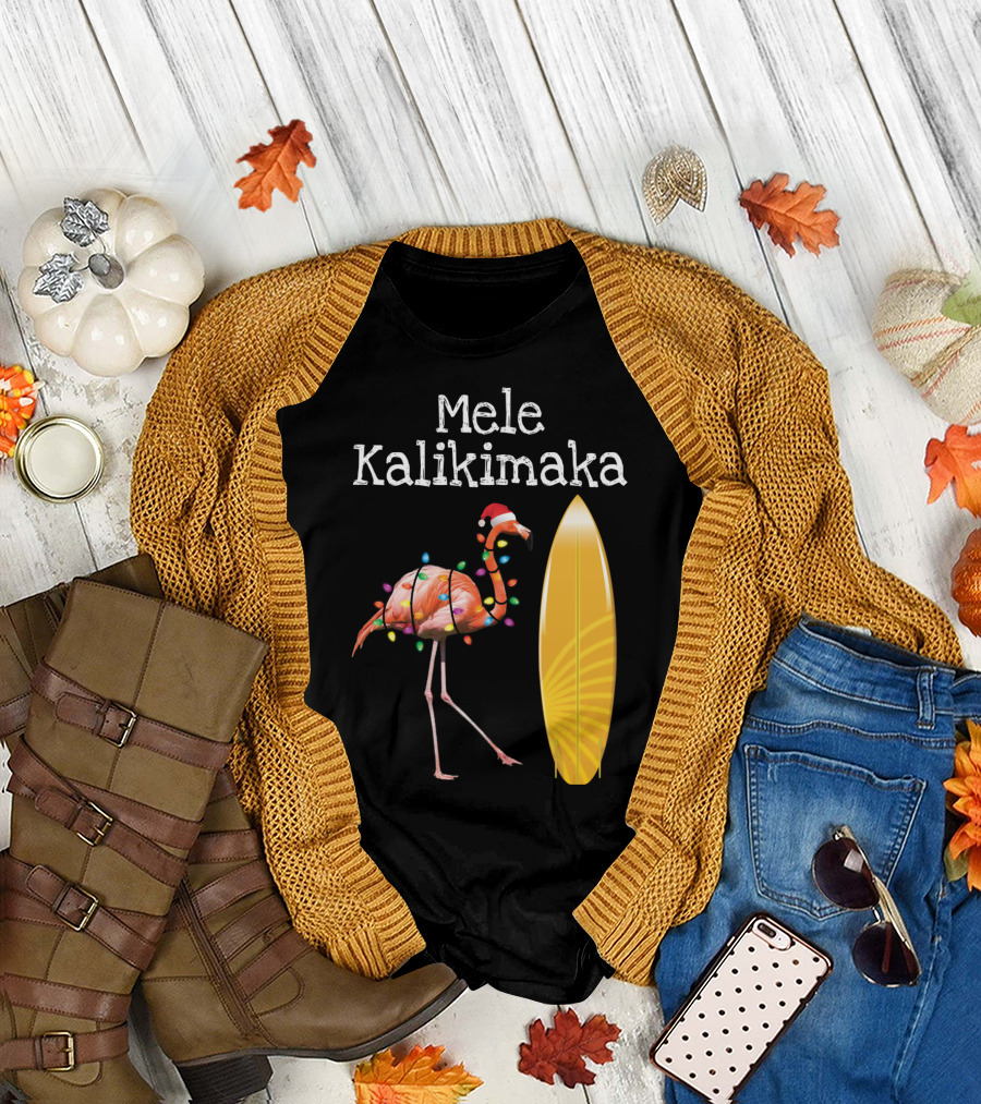 Mele Kalikimaka Flamingo Christmas Surfboard Hawaiian T-Shirt