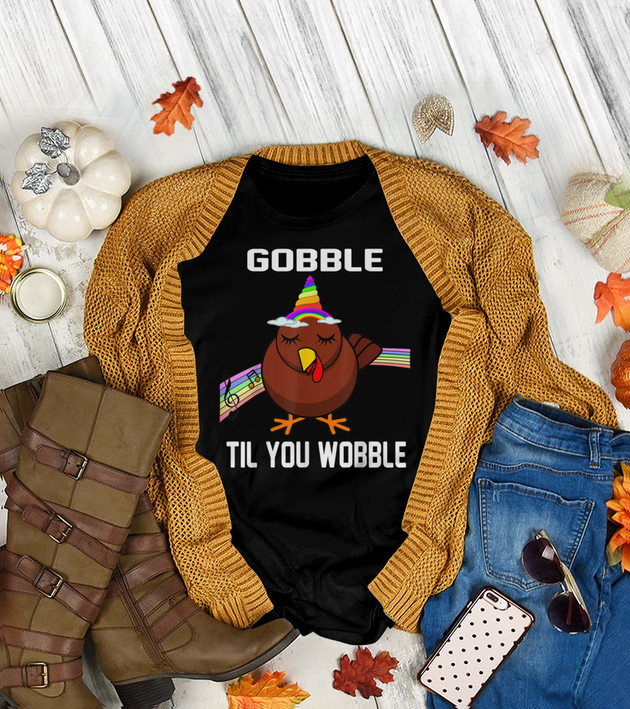 Gobble Til You Wobble Funny Unicorn Turkey with Rainbow and Musical Notes T-Shirt