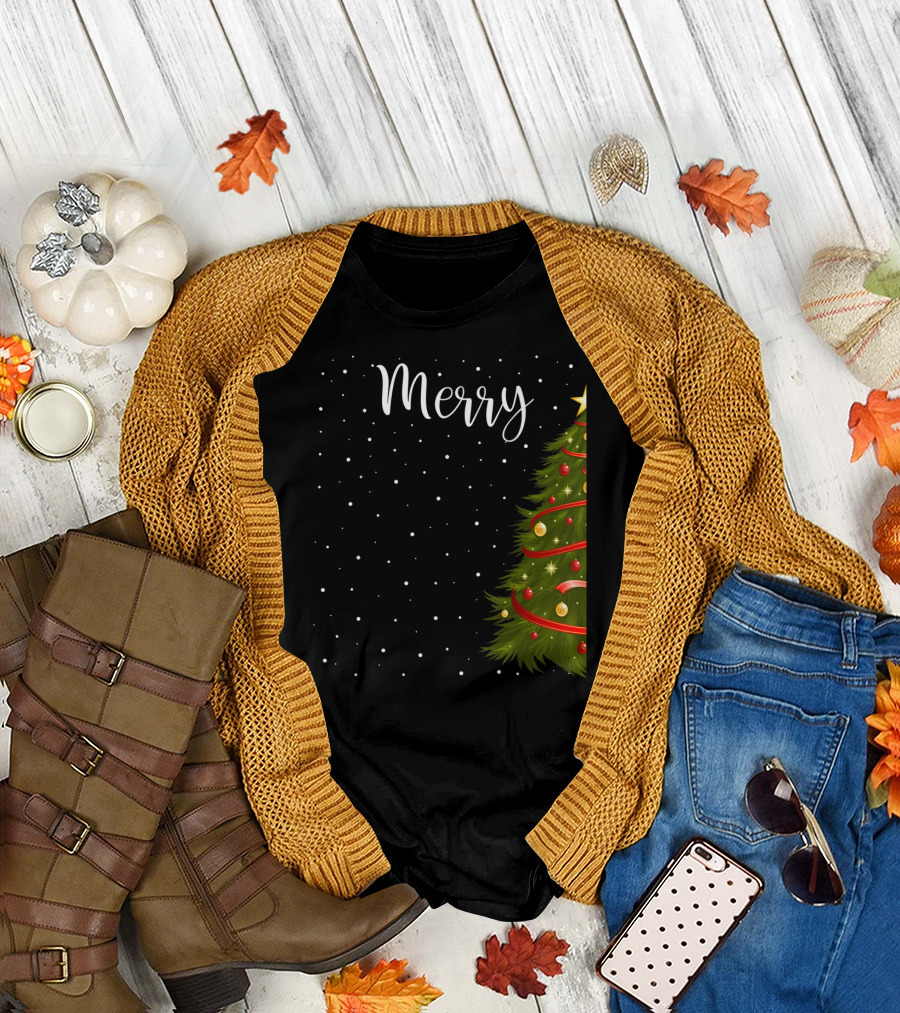 Merry Christmas Tree with Snowflakes and Ornaments T-Shirt