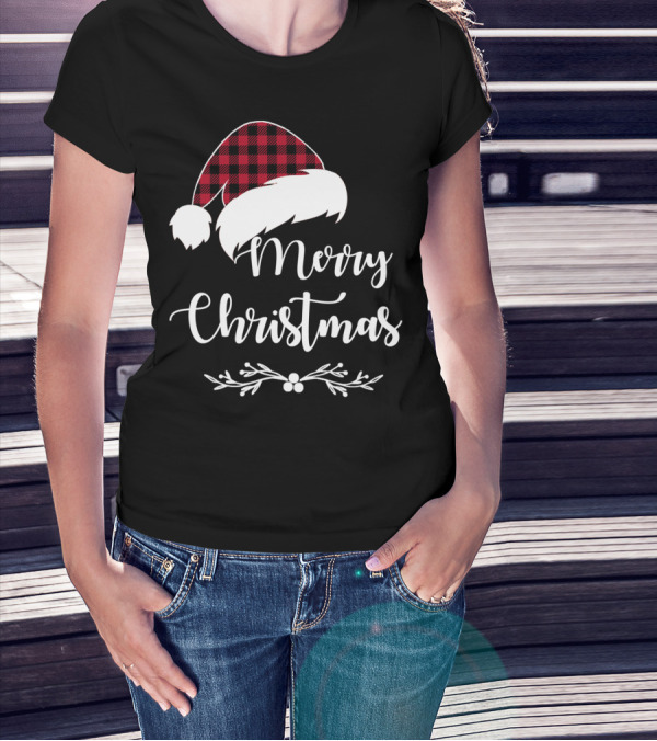 Merry Christmas Red Plaid Santa Hat With Holly Border T-Shirt