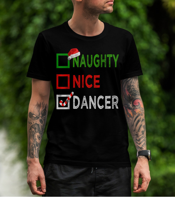 Naughty Nice Dancer Christmas Santa Hat Candy Cane Checkboxes T-Shirt