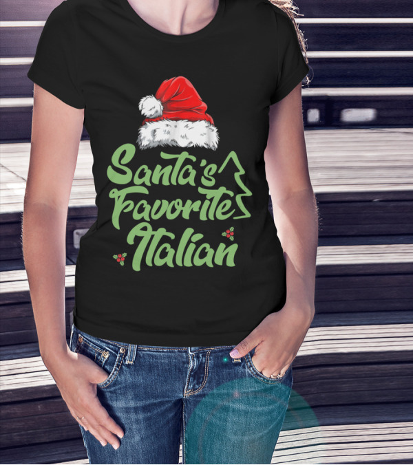 Santa’s Favorite Italian Hat With Tree And Holly T-Shirt