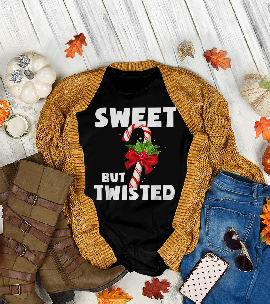 Sweet But Twisted Candy Cane Holly Bow Christmas Holiday T-Shirt